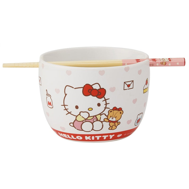 SANRIO | Hello Kitty Ceramic Bowl 600ml and Bamboo chopsticks Set 21cm (Bowl - Dishwasher Safe)