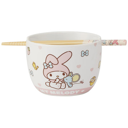 SANRIO | My Melody Ceramic Bowl 600ml and Bamboo chopsticks Set 21cm (Bowl - Dishwasher Safe)
