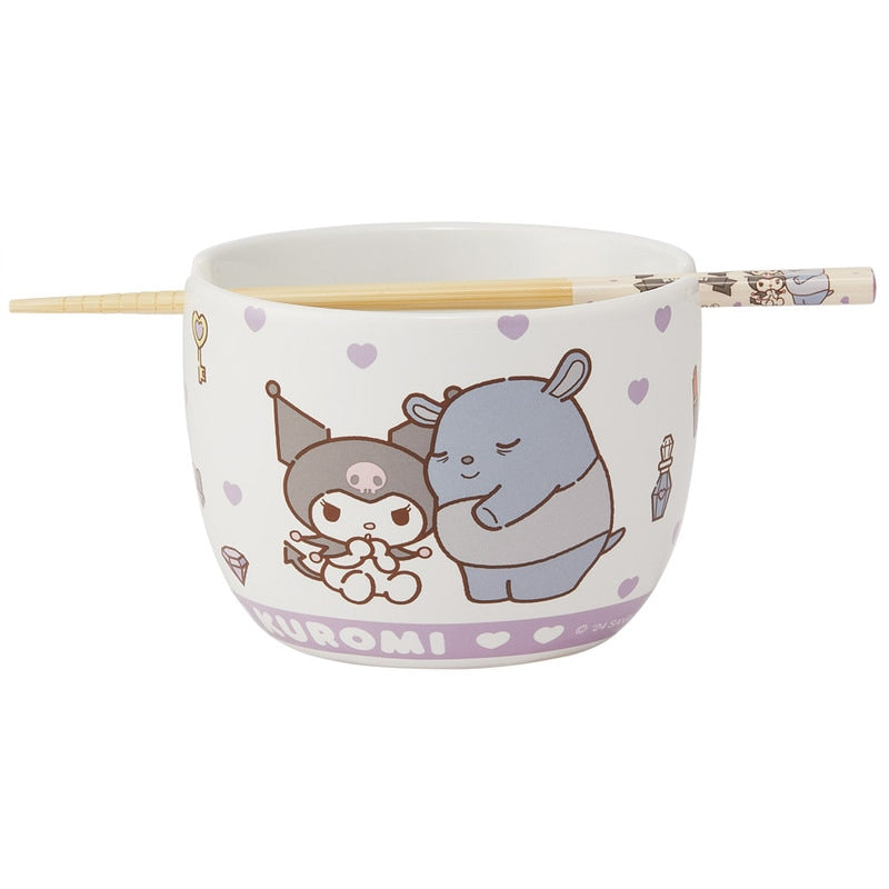 SANRIO | Kuromi Ceramic Bowl 600ml and Bamboo chopsticks Set 21cm (Bowl - Dishwasher Safe)