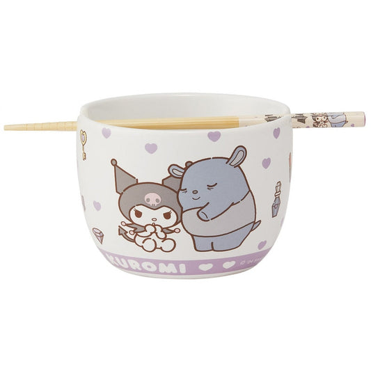 SANRIO | Kuromi Ceramic Bowl 600ml and Bamboo chopsticks Set 21cm (Bowl - Dishwasher Safe)