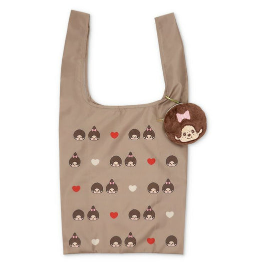 Monchhichi | Foldable Eco Shopping Bag 310×380×130mm & Mascot Pouch 110×110mm (Brown Love - Girl)