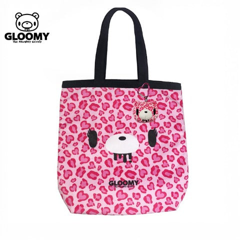 Gloomy Bear | Pink Leopard Print Tote Bag with Keychain Heart Carabiner 380×280mm