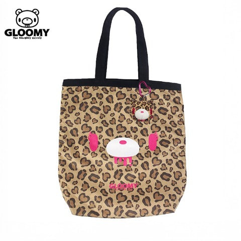 Gloomy Bear | Brown Leopard Print Tote Bag with Keychain Heart Carabiner 380×280mm