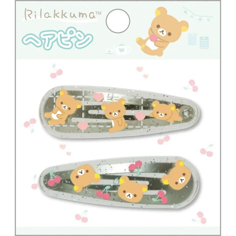SAN-X | Rilakkuma Hair Clip HairPin Set of Two Clear Different Colors with Glitter 20 x 55 mm (Cherry Heart)