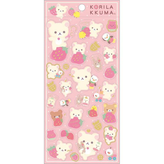 SAN-X | Korilakkuma Gold Foil Clear Seal Sticker 200×95mm (Full of Strawberry Day A)