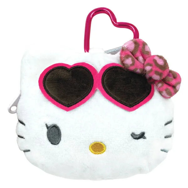 SANRIO | Hello Kitty Mini Plush Pouch with Carabiner Keychain H100×W115×D50mm (Leopard PrintHeart Sunglasses Wink)