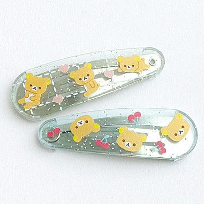 SAN-X | Rilakkuma Hair Clip HairPin Set of Two Clear Different Colors with Glitter 20 x 55 mm (Cherry Heart)