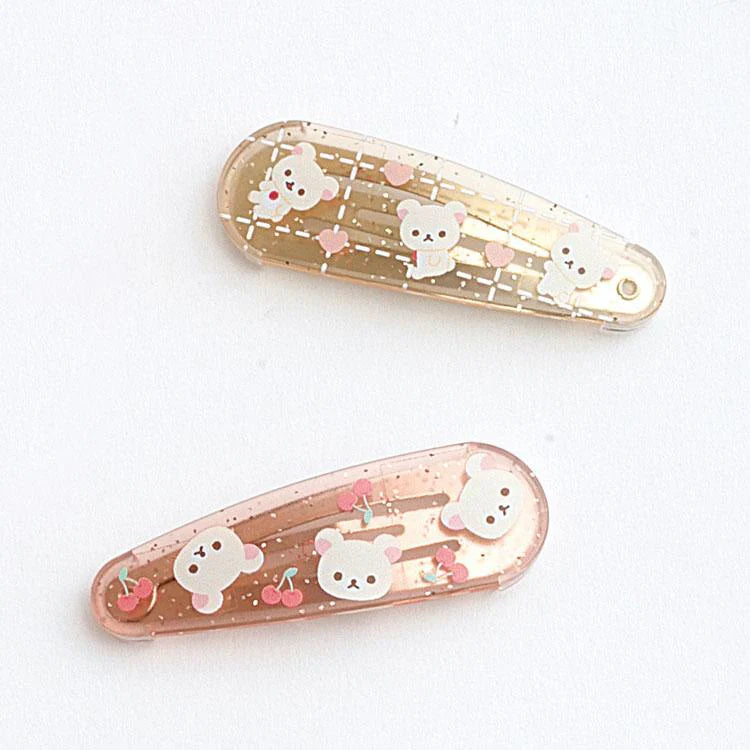 SAN-X | Rilakkuma Korilakkuma Hair Clip HairPin Set of Two Clear Different Colors with Glitter 20 x 55 mm (Cherry Heart)