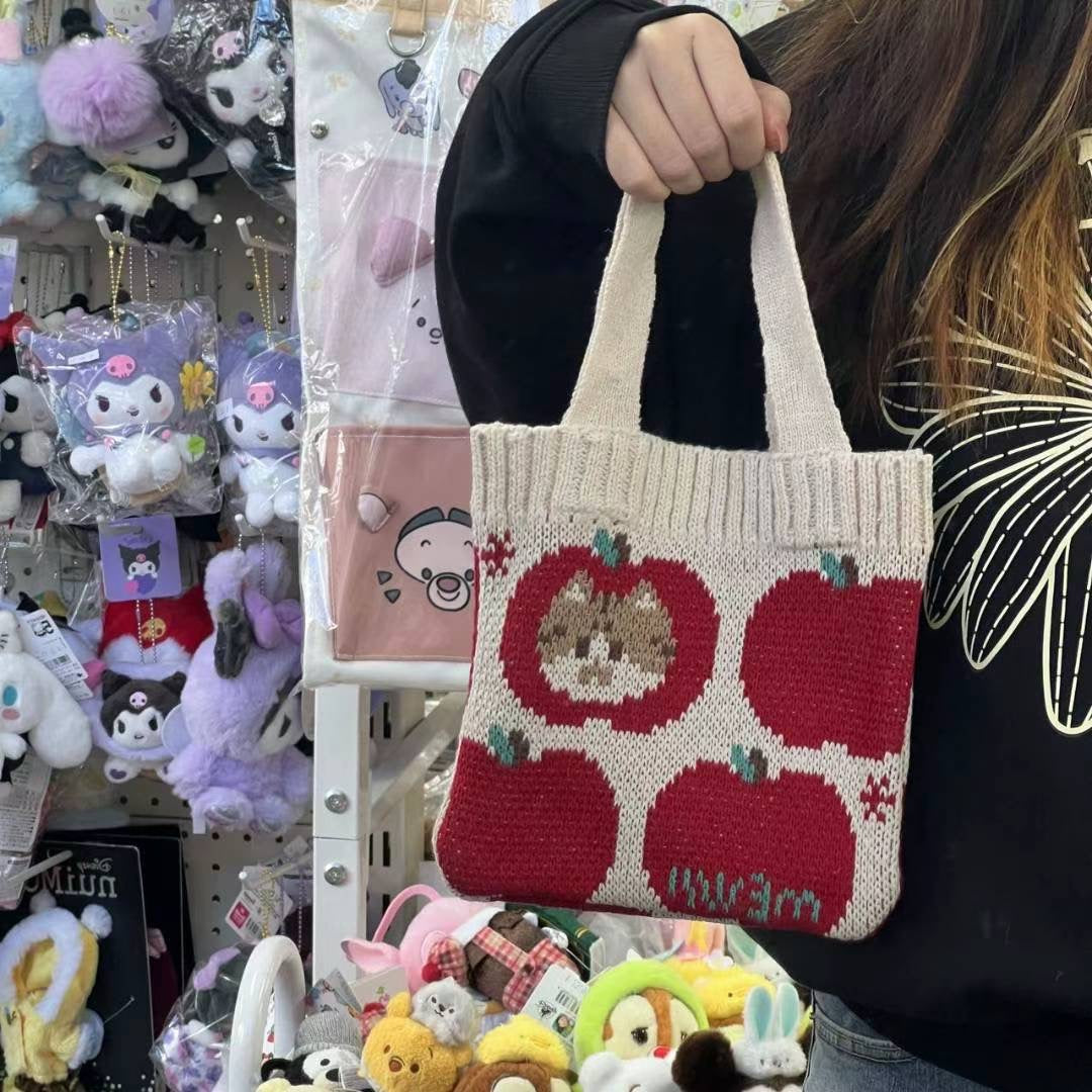 Mewji♡ Knitted Tote Bag Cat S (Apple) 妙吉猫 日系少女 复古苹果 迷你针织手提包/小包