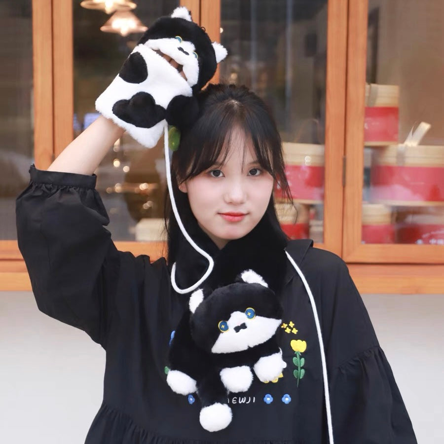 Mewji♡ Fluffy Mascot Scarf 90*13Cm 妙吉猫 猫咪造型 软软茸茸可爱围巾 Bk 奶牛猫