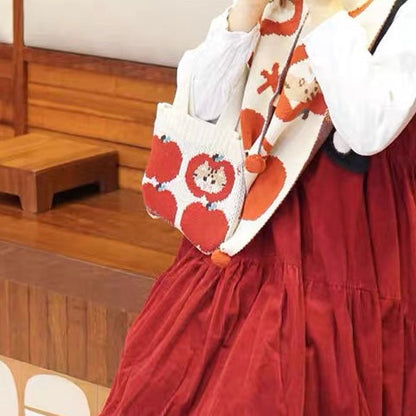 Mewji♡ Knitted Tote Bag Cat S (Apple) 妙吉猫 日系少女 复古苹果 迷你针织手提包/小包