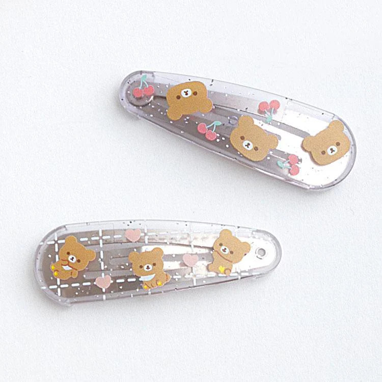 SAN-X | Rilakkuma Chairoikoguma Hair Clip HairPin Set of Two Clear Different Colors with Glitter 20 x 55 mm (Cherry