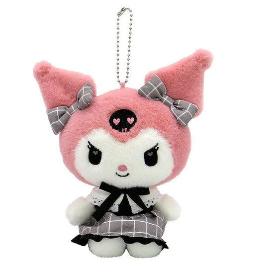 SANRIO | Kuromi Bag Charm Plush Keychain Mascot Holder 90x155x120mm (Gray Pink Grid Dress)