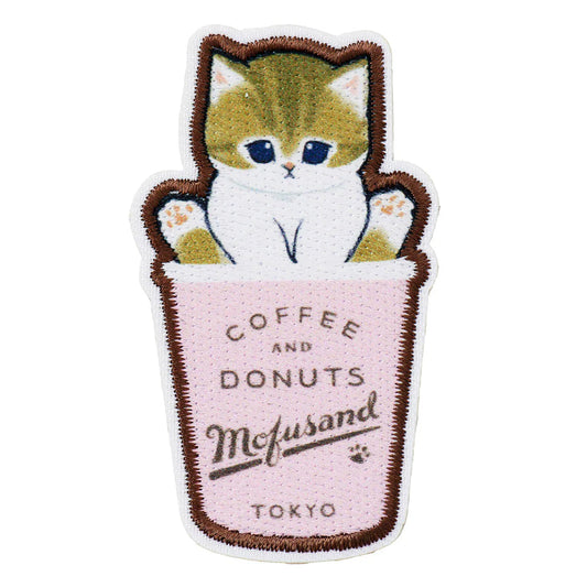 MOFUSAND | Cat Takeout Cup Pink Versatile Iron-On and Sticker Patch 65×35mm (Coffee And Donuts)