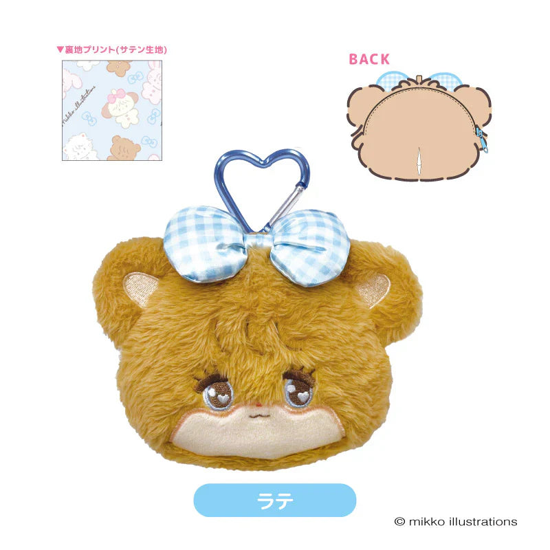 Mikko Illustrations | Mofumofu Face-shaped Pouch with Carabiner Keychain H160xW170xD60mm (Latte Ribbon)