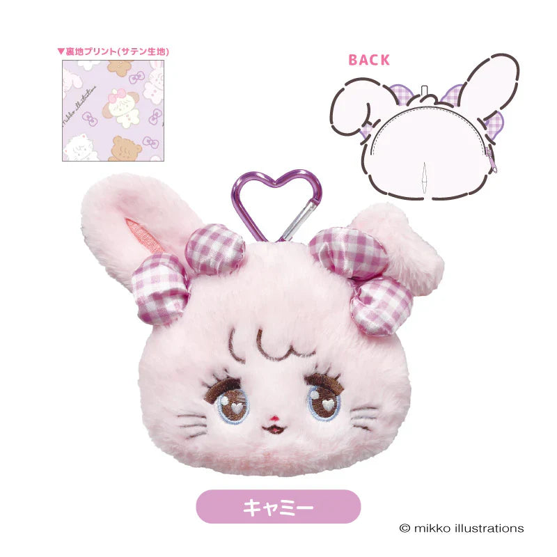 Mikko Illustrations | Mofumofu Face-shaped Pouch with Carabiner Keychain H160xW170xD60mm (Cammy Ribbon)