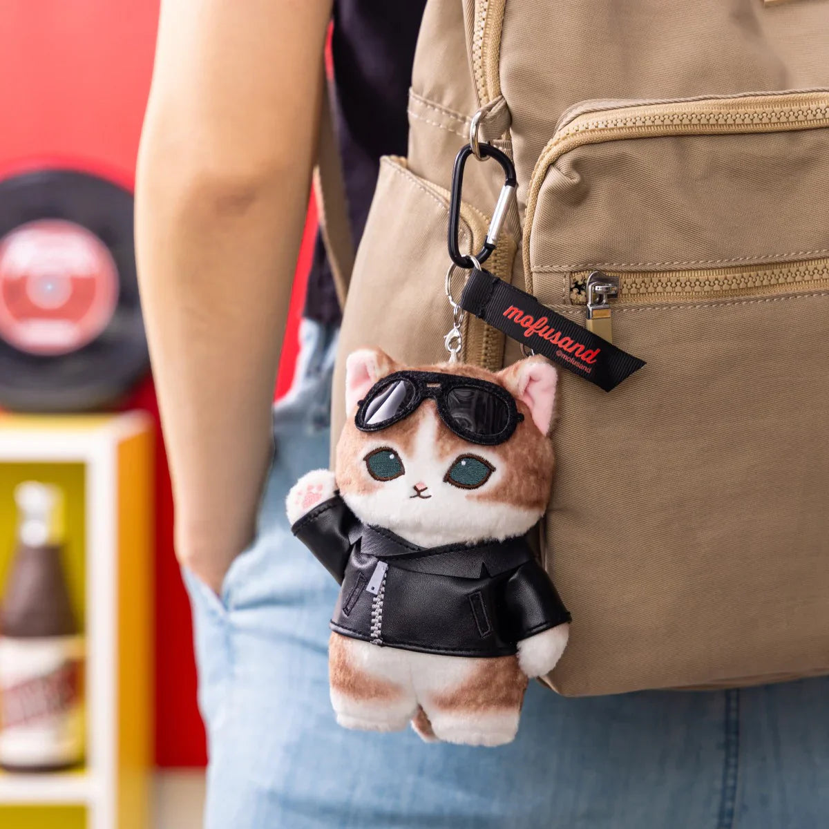 MOFUSAND | Leather Jacket Cat Mascot Holder Keychain Bag Charm 140 x 105 x 75mm (Diner)
