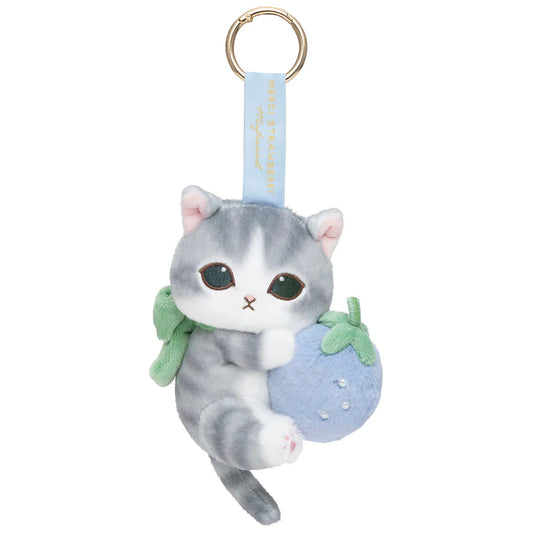 MOFUSAND | Strawberries and Gray Cat Mascot Holder Bag Charm Keychain 170x130x90mm (MERCI STRAWBERRY)