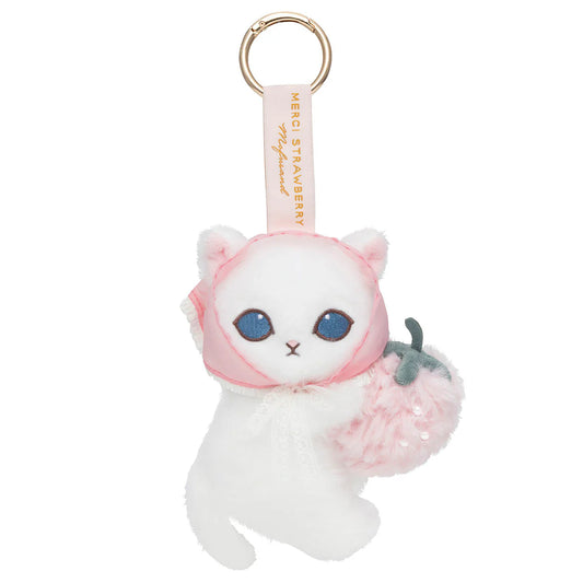 MOFUSAND | Strawberries and White Cat Mascot Holder Bag Charm Keychain 170x130x90mm (MERCI STRAWBERRY)