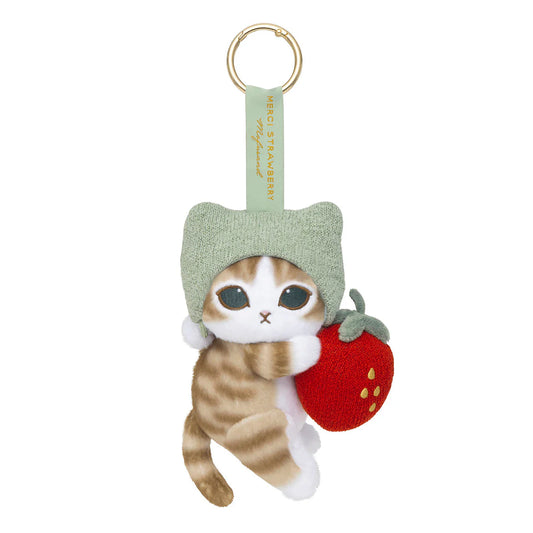 MOFUSAND | Mofusand Plush Mascot with Carabiner Bag Charm Keychain 175×120×75mm (Mofusand Merci Strawberry Fruit Tabby Cat Green)