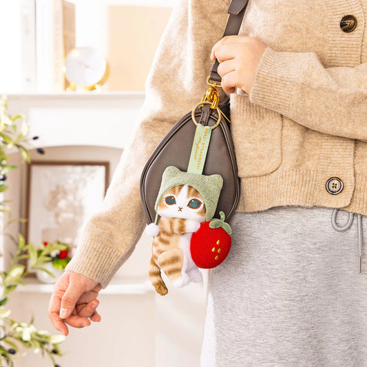 MOFUSAND | Mofusand Plush Mascot with Carabiner Bag Charm Keychain 175×120×75mm (Mofusand Merci Strawberry Fruit Tabby Cat Green)