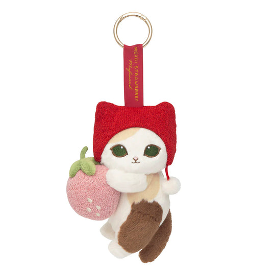 MOFUSAND | Mofusand Plush Mascot with Carabiner Bag Charm Keychain 175×120×75mm (Mofusand Merci Strawberry Fruit Calico Cat Red)