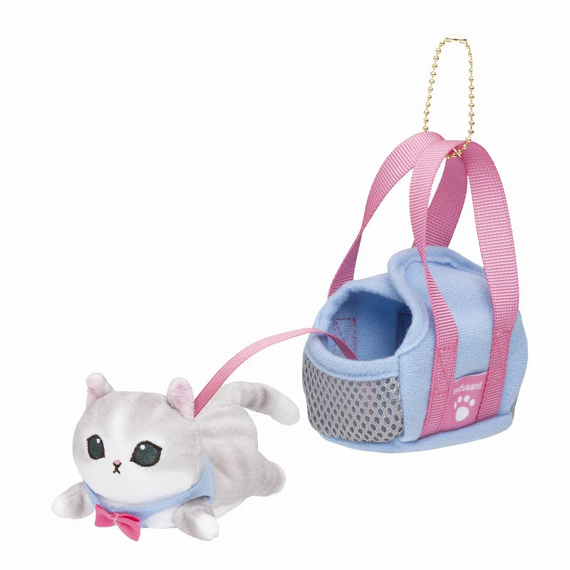 Mofusand | Mascot Holder Plush Keychain Gray/Blue H130×W70×D125Mm (Cat In Going Out Bag)