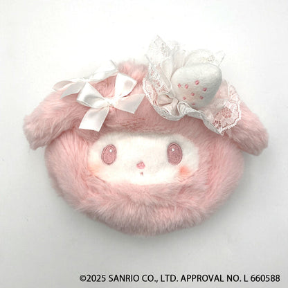 SANRIO | My Melody Round Fluffy Drawstring Bag Pouch 135×195×85mm (White Strawberry Tea Time)