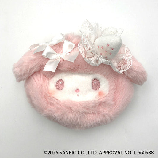 SANRIO | My Melody Round Fluffy Drawstring Bag Pouch 135×195×85mm (White Strawberry Tea Time)