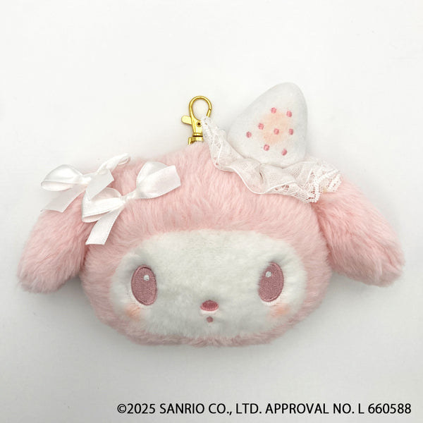 SANRIO | My Melody Plush Pass Case with Reel Keychain 190×50×125mm (White Strawberry Tea Time)