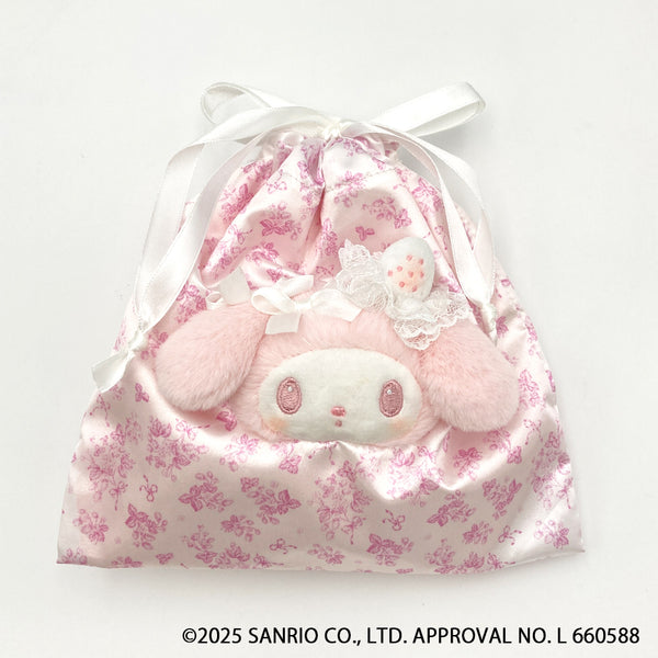 SANRIO | My Melody Face Drawstring Bag Pouch 180×182×23mm (White Strawberry Tea Time)