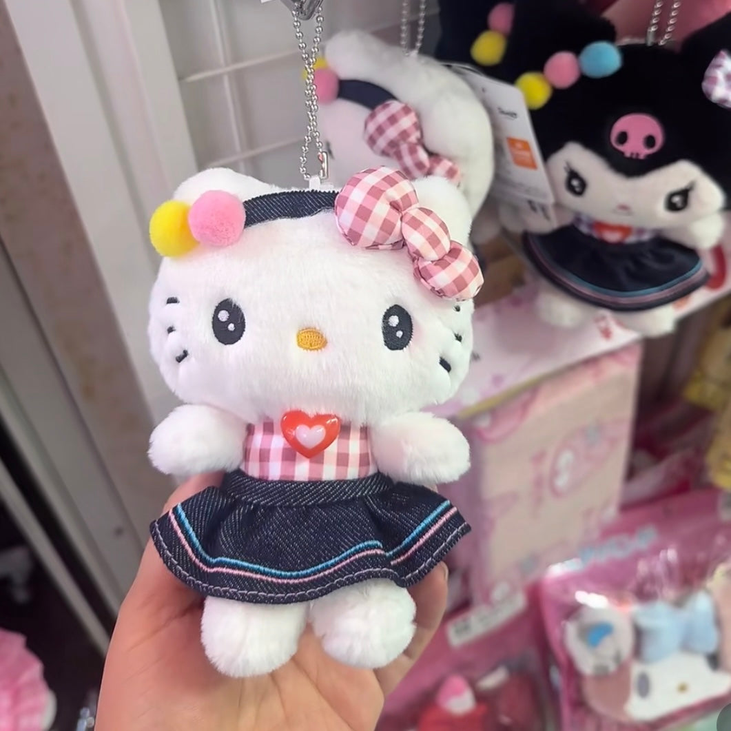 SANRIO | Hello Kitty Mascot Holder Plush Keychain Bag Charm 14×10.5×7.5cm (Gingham Denim)