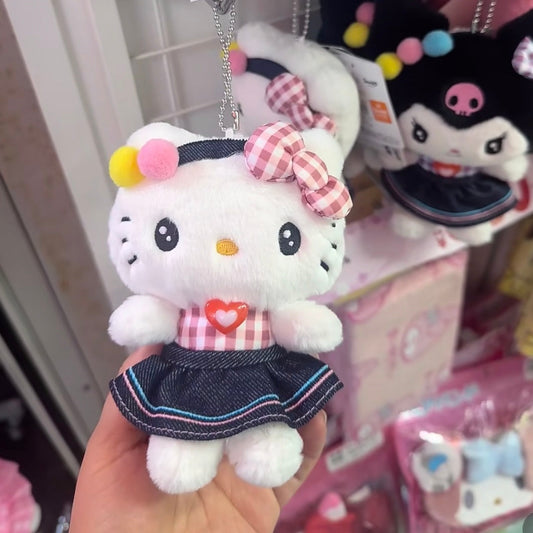SANRIO | Hello Kitty Mascot Holder Plush Keychain Bag Charm 14×10.5×7.5cm (Gingham Denim)