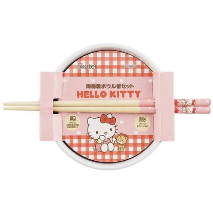 SANRIO | Hello Kitty Ceramic Bowl 600ml and Bamboo chopsticks Set 21cm (Bowl - Dishwasher Safe)