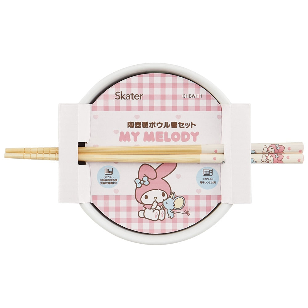 SANRIO | My Melody Ceramic Bowl 600ml and Bamboo chopsticks Set 21cm (Bowl - Dishwasher Safe)