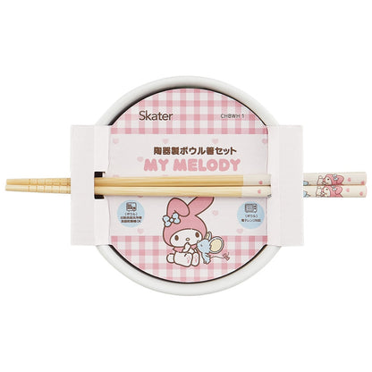 SANRIO | My Melody Ceramic Bowl 600ml and Bamboo chopsticks Set 21cm (Bowl - Dishwasher Safe)