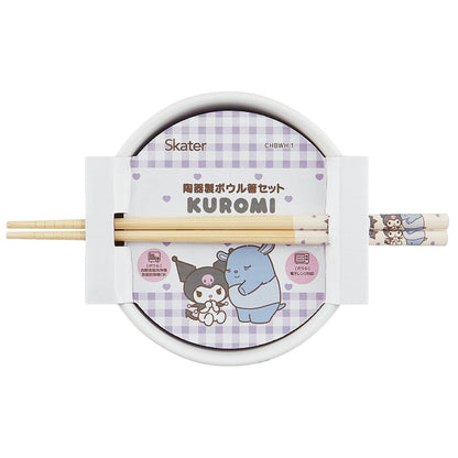 SANRIO | Kuromi Ceramic Bowl 600ml and Bamboo chopsticks Set 21cm (Bowl - Dishwasher Safe)