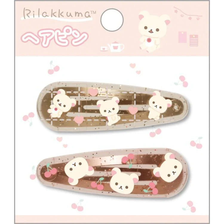 SAN-X | Rilakkuma Korilakkuma Hair Clip HairPin Set of Two Clear Different Colors with Glitter 20 x 55 mm (Cherry Heart)