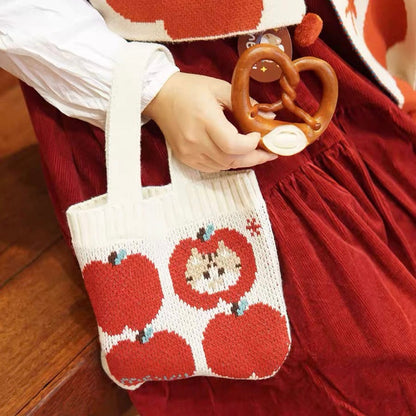 Mewji♡ Knitted Tote Bag Cat S (Apple) 妙吉猫 日系少女 复古苹果 迷你针织手提包/小包