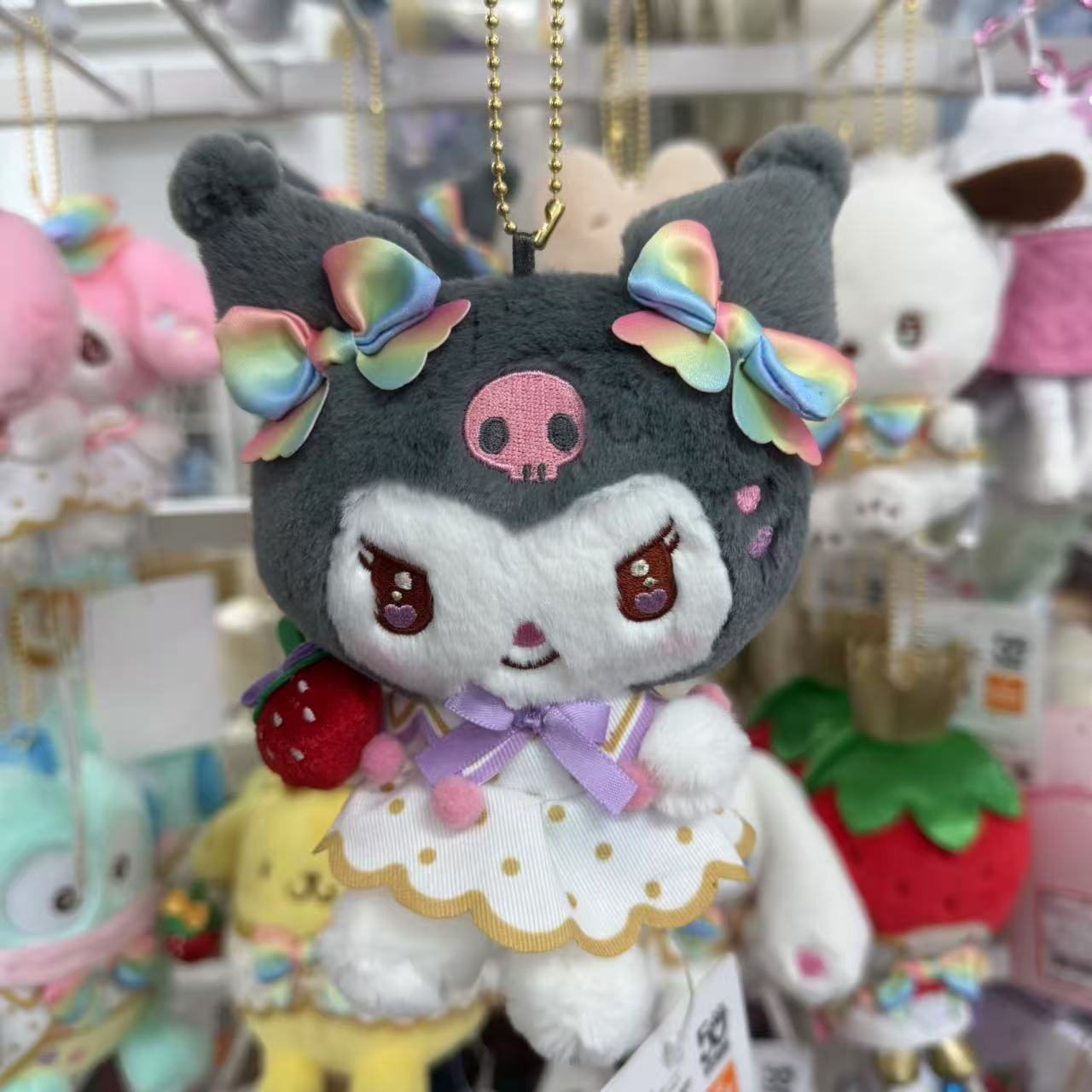 SANRIO | Kuromi Mascot Holder Plush Keychain Bag Charm 11×15.5×7.5cm (50th Anniversary Strawberry/Ichigo Newspaper)