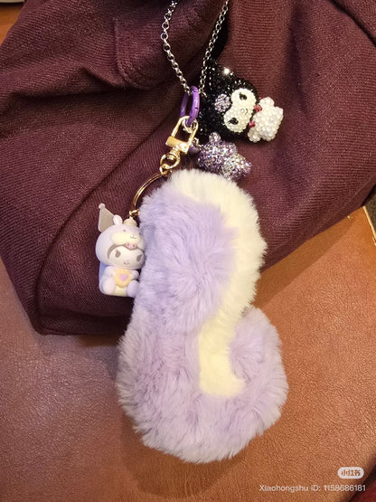 SANRIO | Kuromi Dangling Fluffy Tail Flocked Mascot Keychain 55×30×30mm (Fluffy Squirrel)