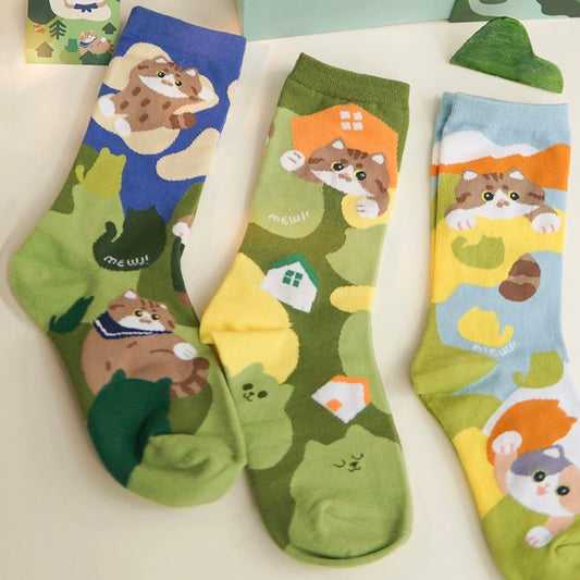 Mewji Socks Set 3 Pieces (Cat Island) Free Size 23-26Cm