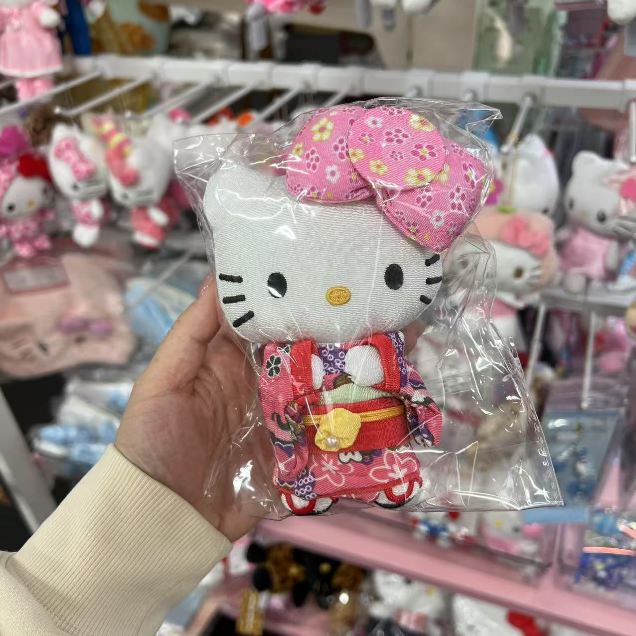 SANRIO | Hello Kitty Mascot Holder Plush Keychain Bag Charm W7×D4.5×H12cm (Kimono - Pink & Red)