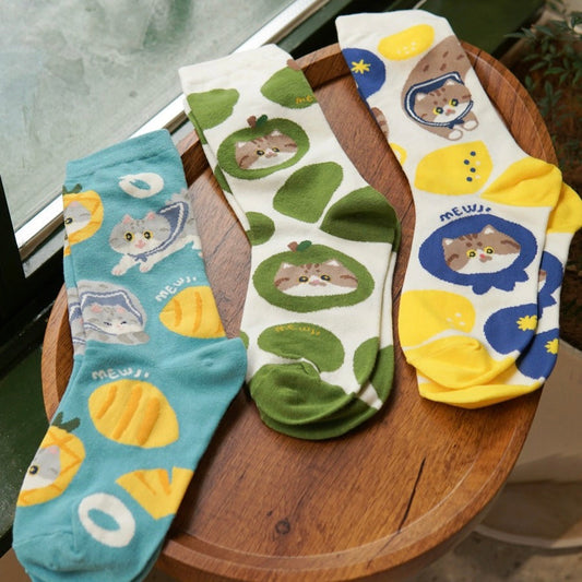 Mewji Cat Socks Set 3 Pieces (Fruits) Free Size 23-26Cm