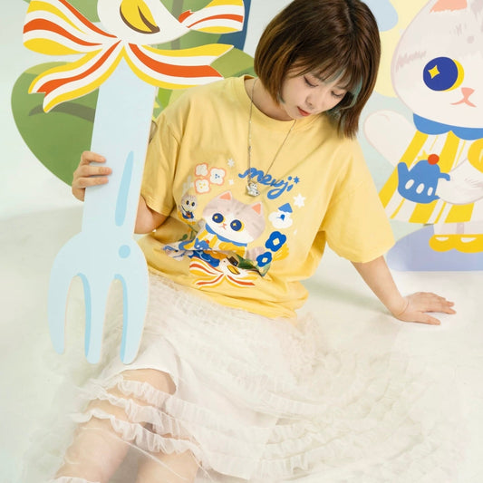 MEWJI♡ Cat & Flowers Tee T-shirt (Yellow)