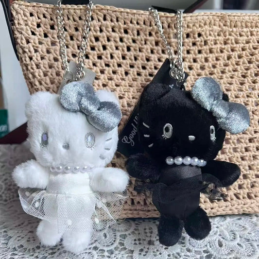 USJ x Hello Kitty | Mascot Holder Plush Keychain Bag Charm (White & Black) One Set (Black & White)