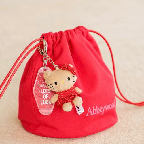 and St Me% x Sanrio Hello Kitty | Mini Mascot Holder Plush Keychain 13cm 5th Ver. (Tanned & Polka Dot Dress Red)