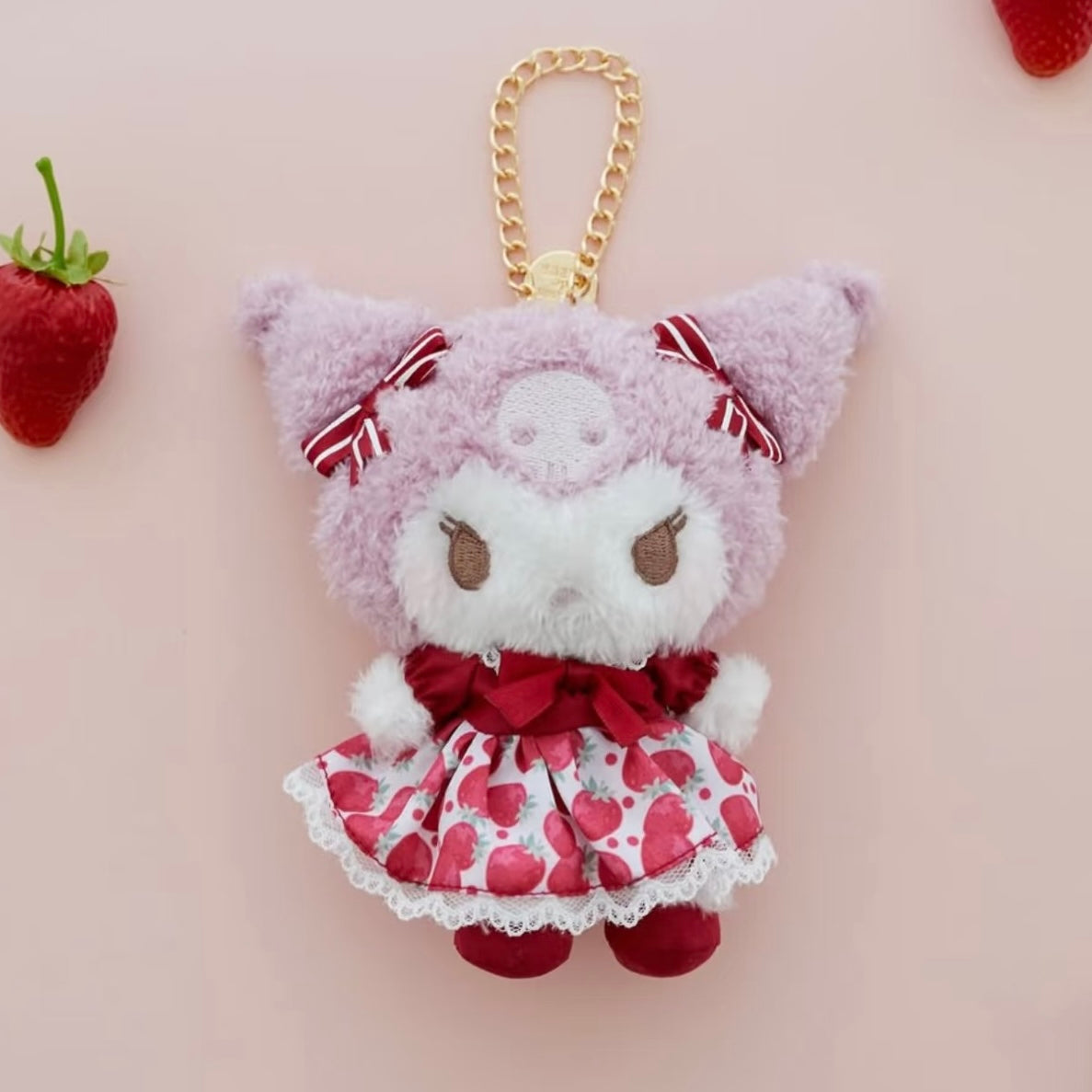Maison de FLEUR x SANRIO | Kuromi Fluffy Keychain Bag Charm Mascot Holder (Strawberry Newspaper Collaboration)