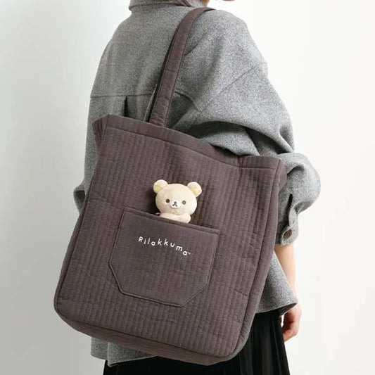SAN-X | Quilted Tote Bag with Mascot Badge 370×340×120mm (BASIC RILAKKUMA MONOCHROME)