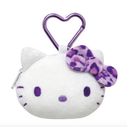 SANRIO | Hello Kitty Face-shaped mini Pouch with Carabiner Plush Keychain Bag Charm H75×W95×D30mm (Leopard Purple)